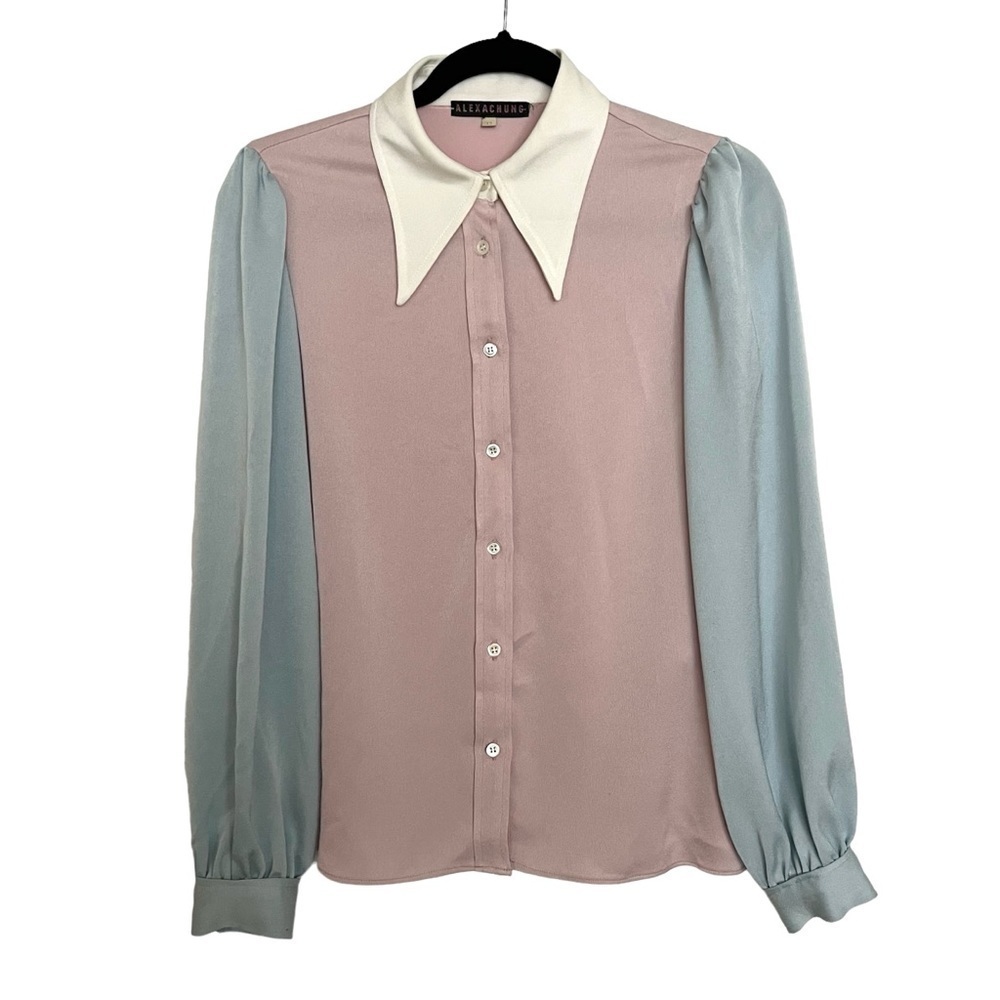 AlexaChung Pink Blue Pointed Collar Color Block Pastel Satin Shirt US 8